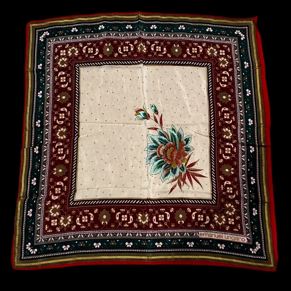 Vintage Emanuel Ungaro Red & Green Floral Silk Scarf Christmas Colours
